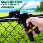 Cable tie tool in use on a fence