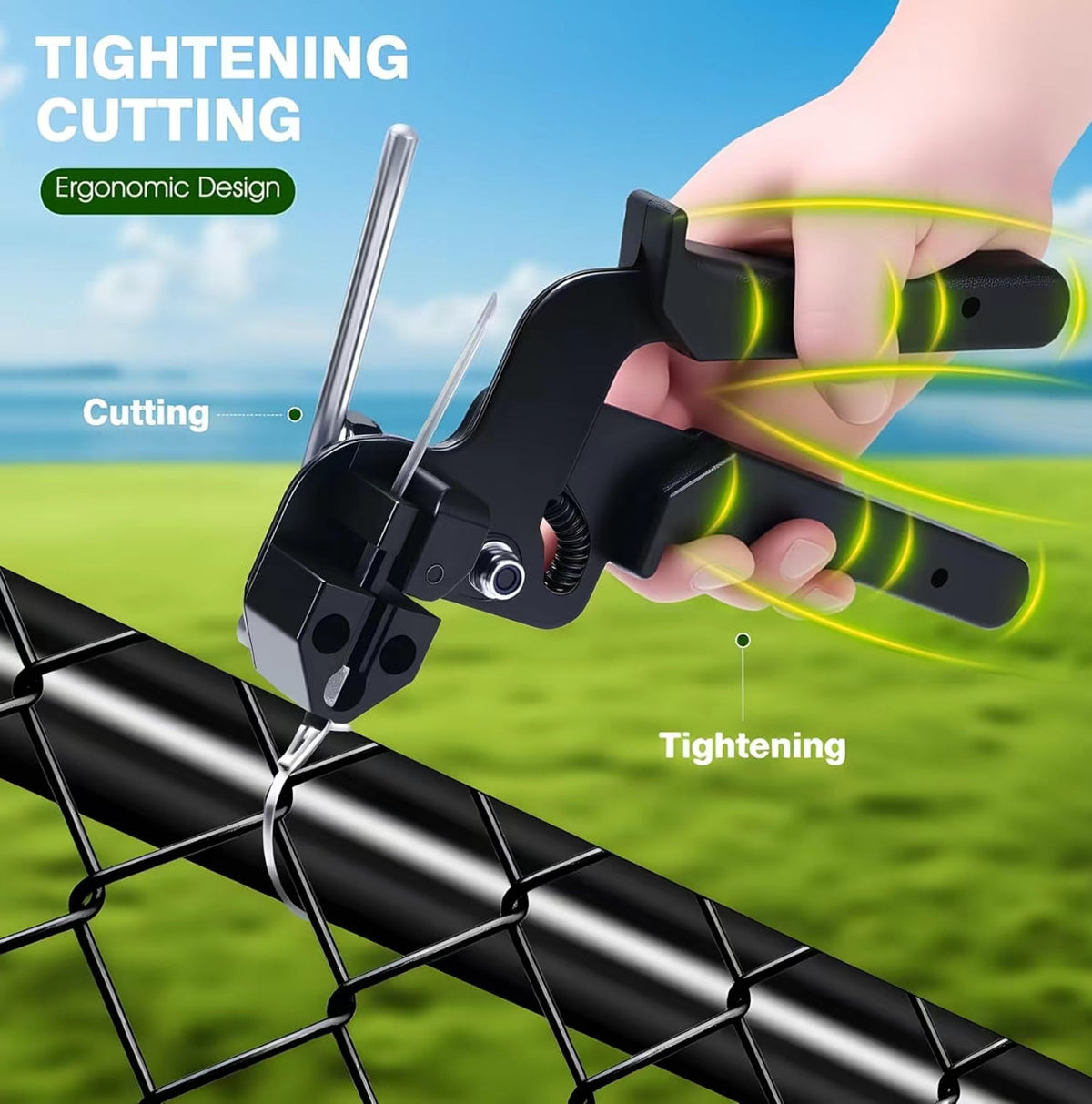 Hand holding a metal zip tie gun on a chain-link fence rail, with labels for the tightening handles and cutting lever