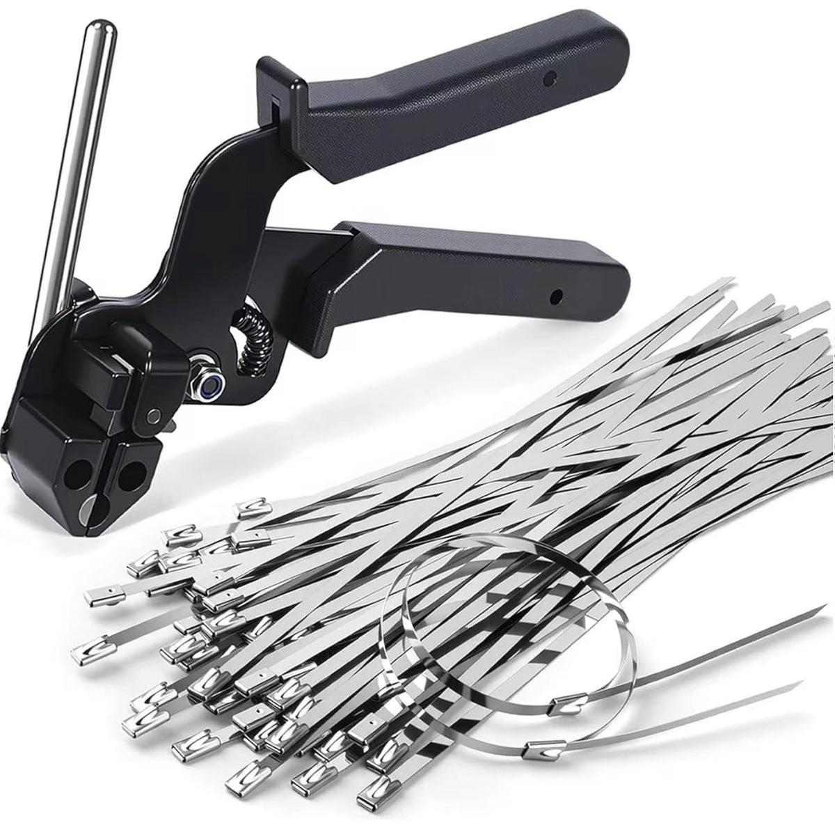 Black metal zip tie gun beside a fanned bundle of stainless steel cable ties with buckle heads